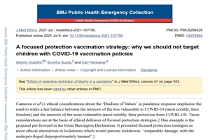 MΕΛΕΤΗ: Μία εμβολιαστική στρατηγική εστιασμένης προστασίας: γιατί δεν πρέπει να στοχεύουμε τα παιδιά με πολιτικές εμβολιασμού κατά της COVID-19.